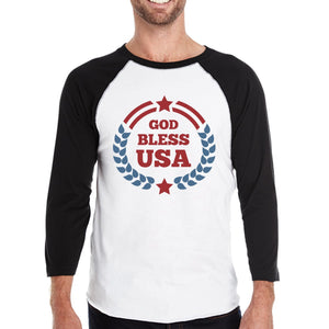 God Bless USA Mens White Baseball Tee 3/4 Sleeve Cotton Shirt