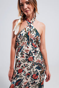 Halter Neck Maxi Dress in Beige Paisley Print