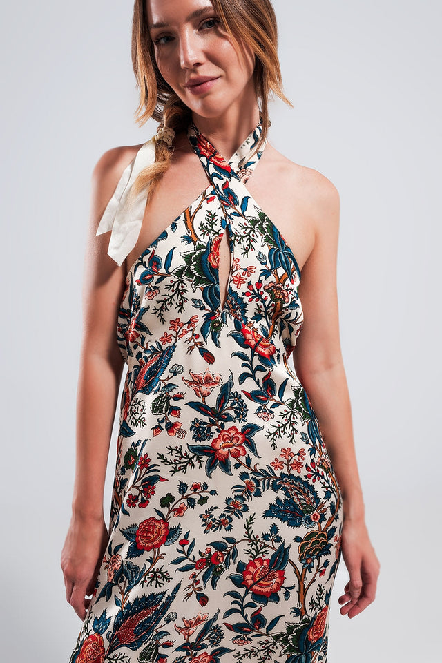 Halter Neck Maxi Dress in Beige Paisley Print