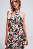 Halter Neck Maxi Dress in Beige Paisley Print