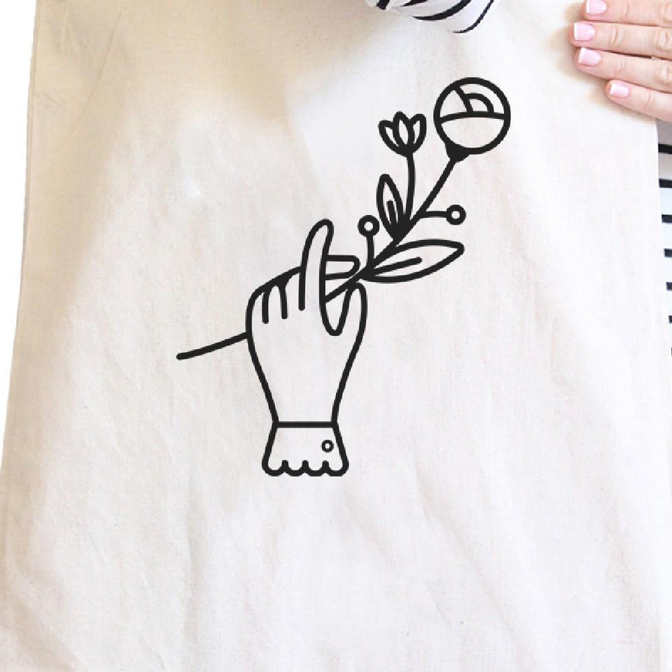 Hand Holding Flower Natural Canvas Bag Cute School Bag Craft Bag
