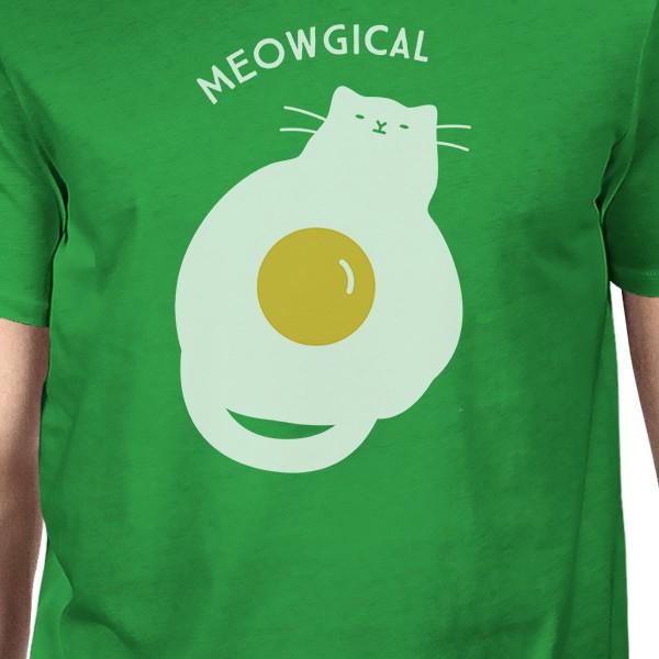 Meowgical Cat and Fried Egg Mens Green Shirt
