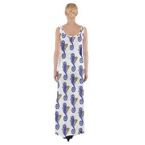 Seahorse Pattern Fitted With Side Slit Cotton Sleeveless Halter Dress