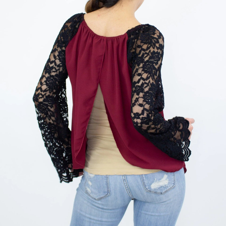 Lace Sleeve Backless Top - Burgundy
