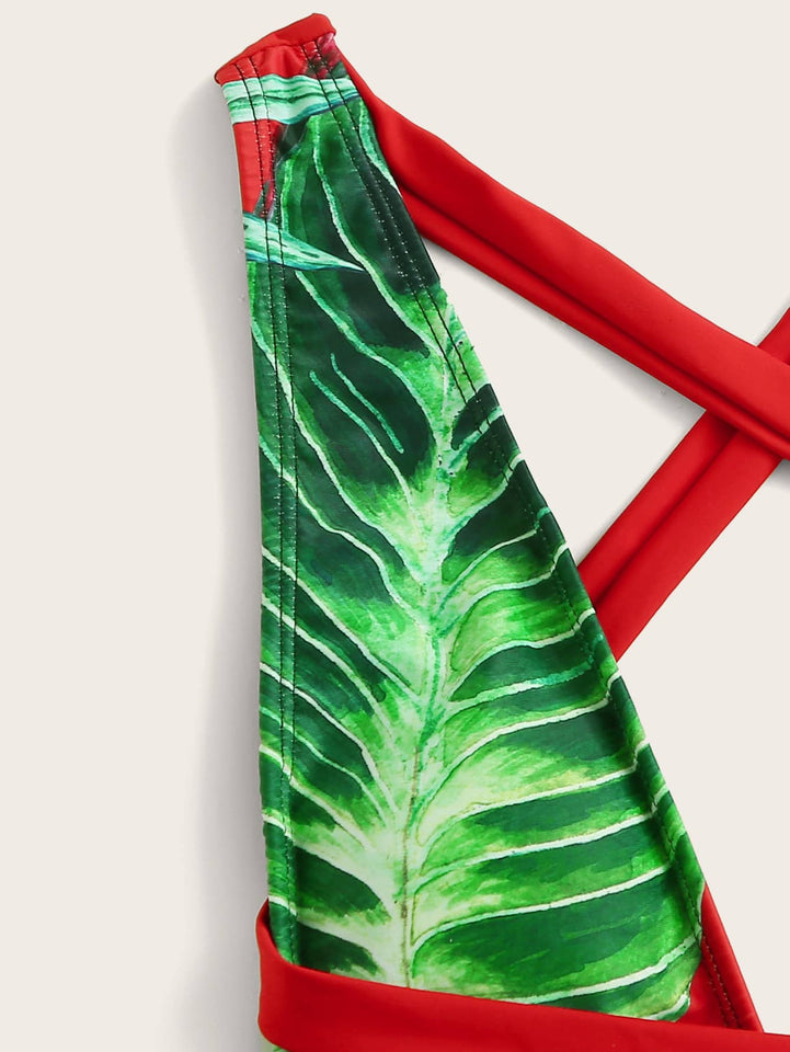 Tropical Print Plunging One Piece Swimsuit