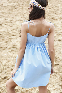 Blue cotton mini dress with lace