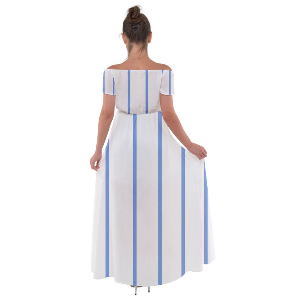 Blue Stripes Off Shoulder Open Front Chiffon Dress
