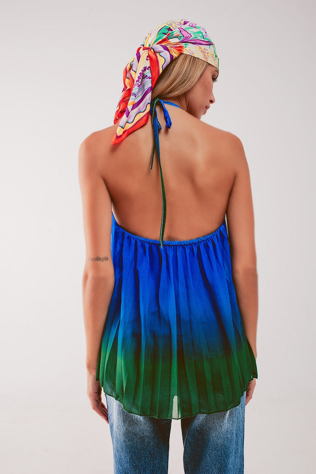 High Neck Pleat Top in Blue Ombre