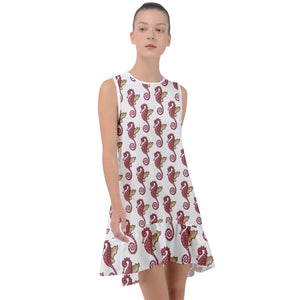 Red Seahorse Pattern Frill Swing Dress