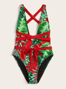 Tropical Print Plunging One Piece Swimsuit