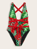 Tropical Print Plunging One Piece Swimsuit