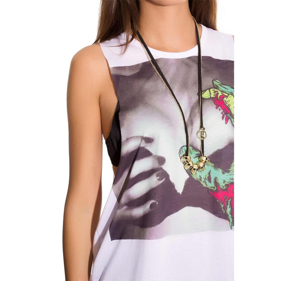 White print drop armhole tank top