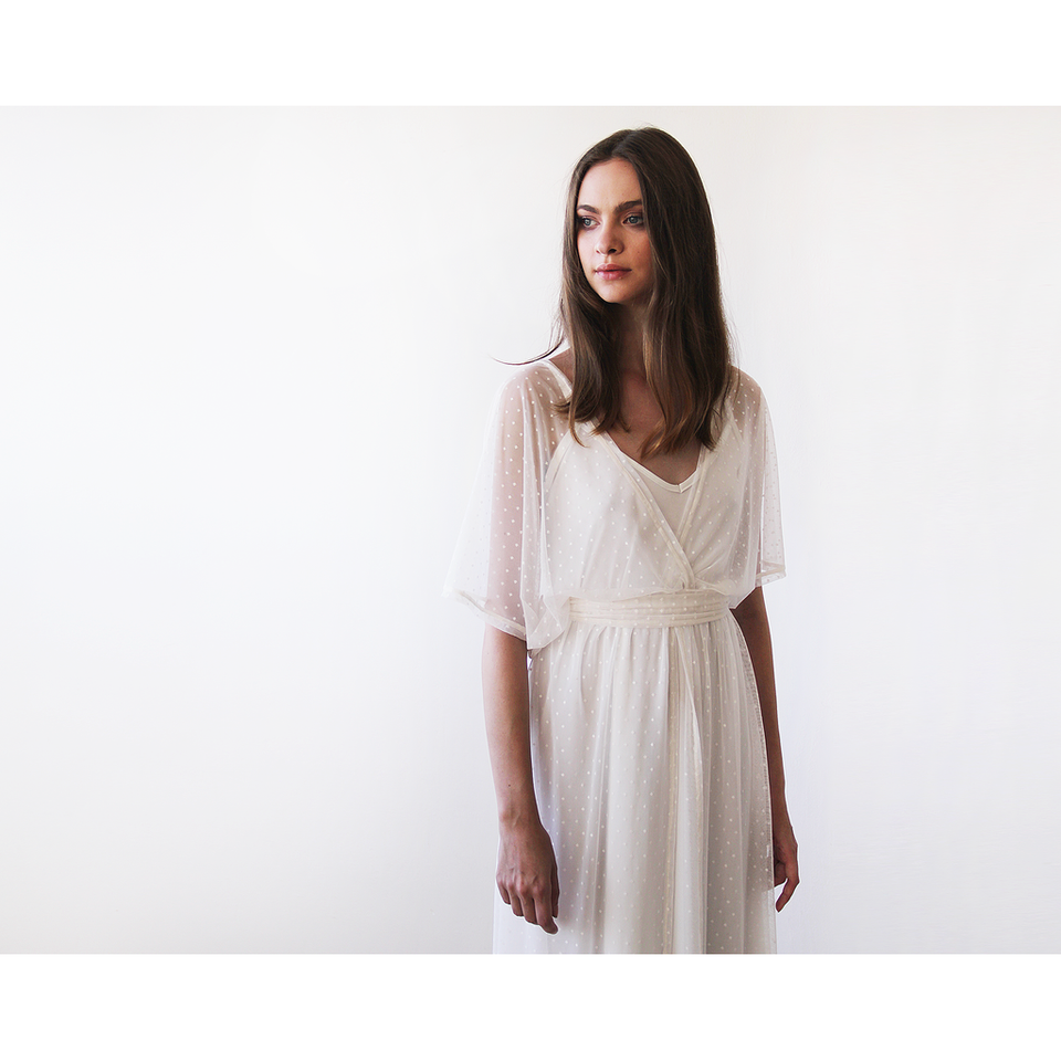 Ivory Sheer Dotted Chiffon Maxi Dress with Bat Wings Sleeves 1047