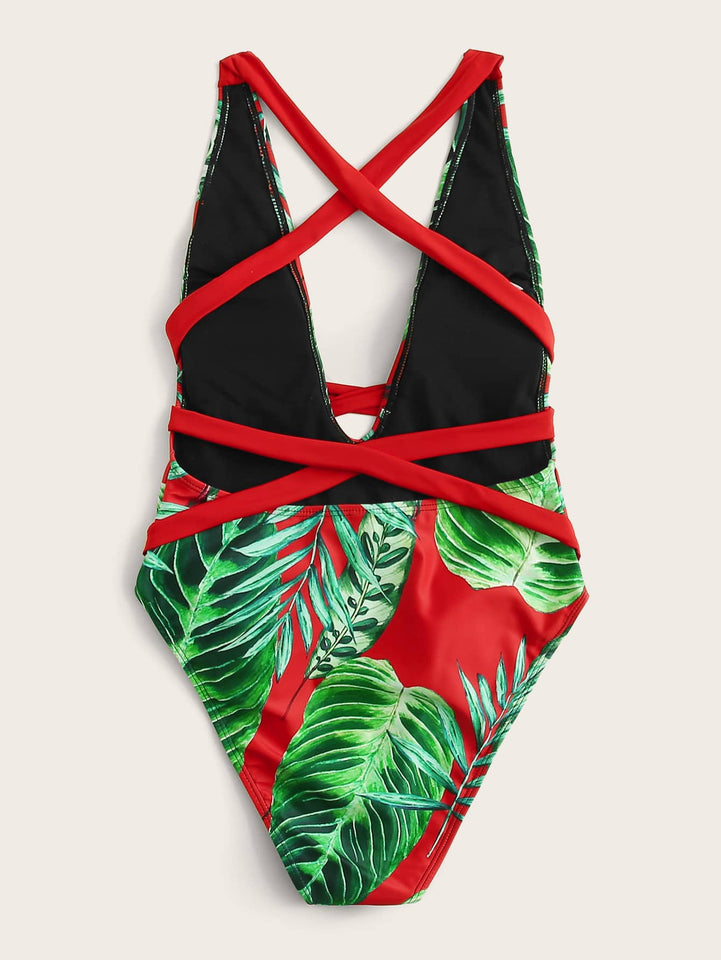 Tropical Print Plunging One Piece Swimsuit