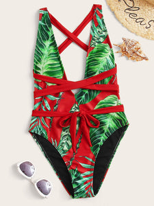 Tropical Print Plunging One Piece Swimsuit