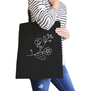 Flower Black Cotton Canvas Tote Bag Cute Gift Ideas for Friends