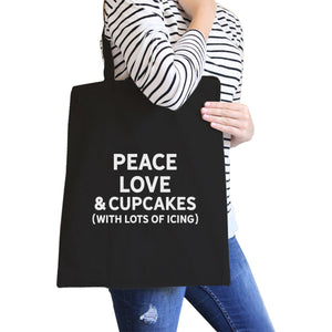 Peace Love Cupcakes Black Canvas Bag Cute Daily Purse Eco Bags