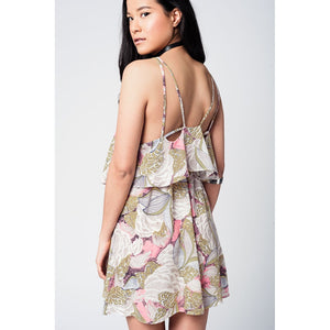 Yellow printed mini dress with double layer and crossed straps