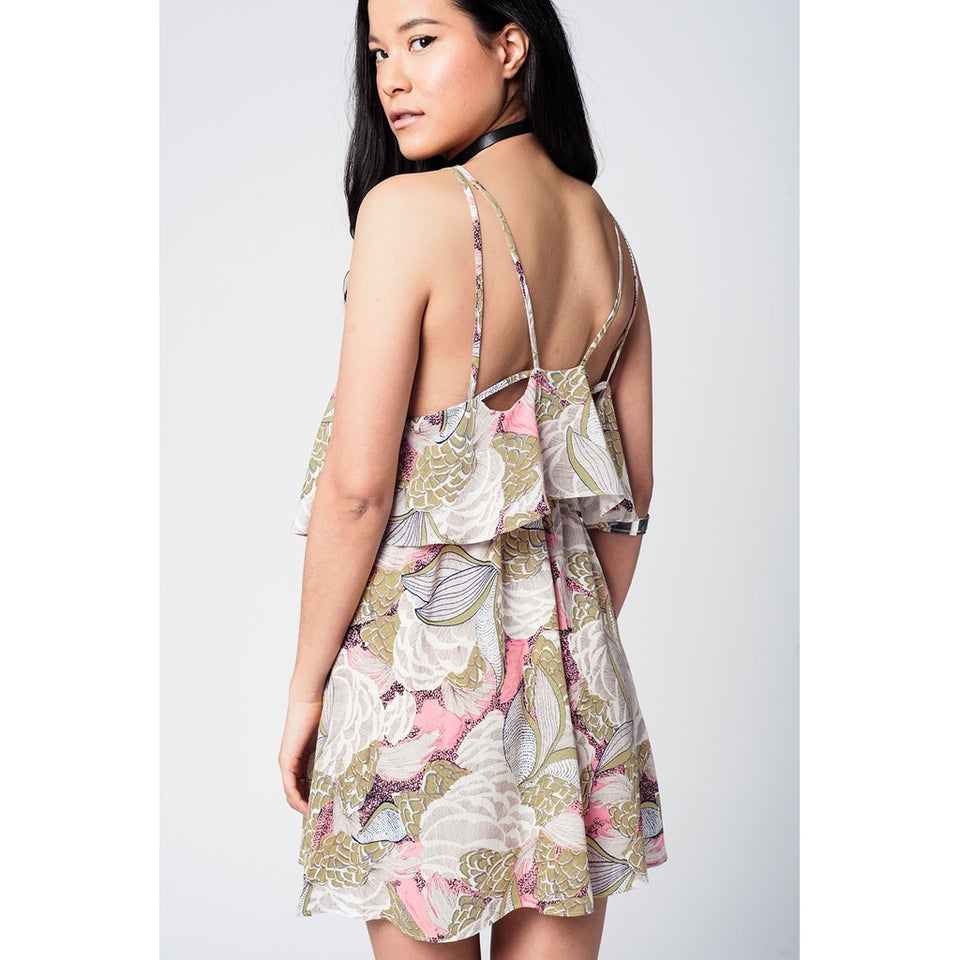 Yellow printed mini dress with double layer and crossed straps