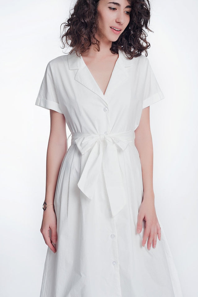 White Poplin Shirt Dress With Belt and Short Sleeve