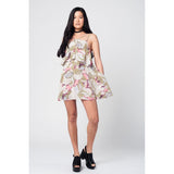 Yellow printed mini dress with double layer and crossed straps