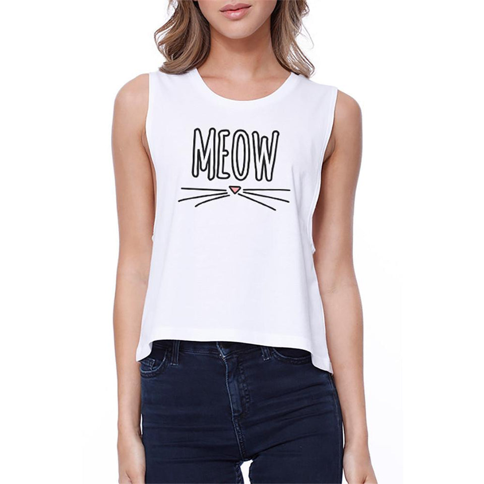 Meow Sleeveless Crop Tee Gift Ideas for Cat Lovers Women's Tank Top