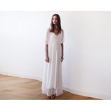 Ivory Sheer Dotted Chiffon Maxi Dress with Bat Wings Sleeves 1047