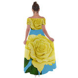 Yellow Aqua Rose Off Shoulder Open Front Chiffon Dress