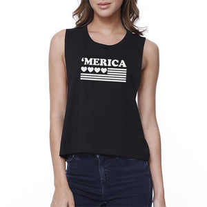 Heart 'Merica Flag Womens Black Cotton 4th of July Crop Shirt Idea