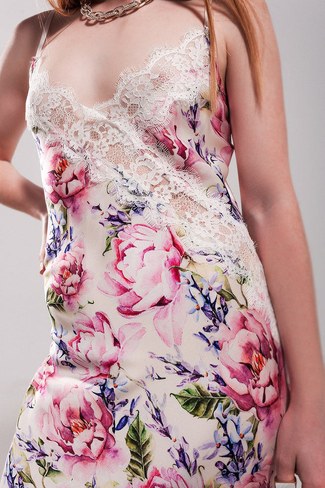 V Back Satin Midi Dress in Pink Rose Print