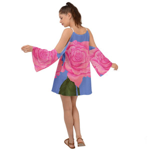 Pink Blue Rose Kimono Sleeves Womens Boho Dress