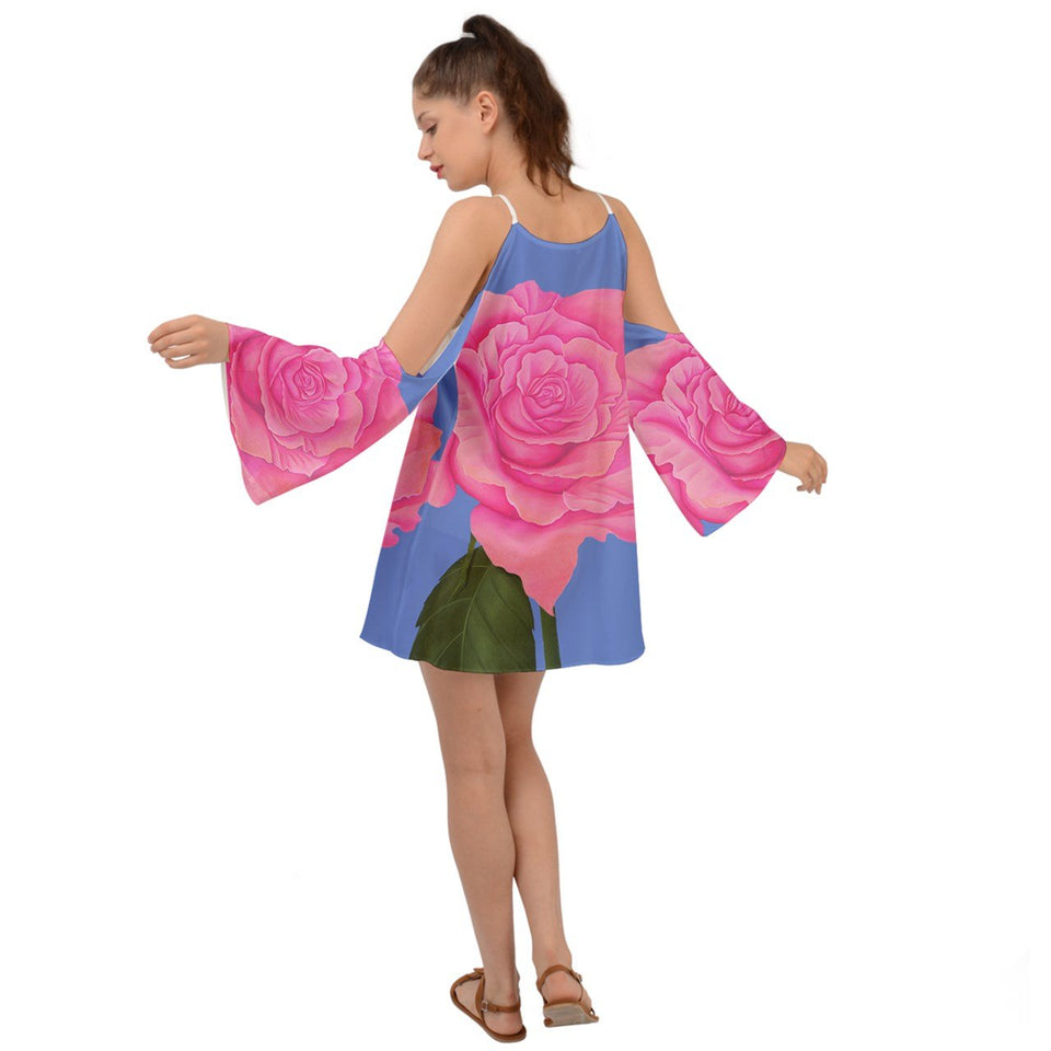Pink Blue Rose Kimono Sleeves Boho Dress