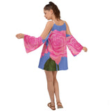 Pink Blue Rose Kimono Sleeves Womens Boho Dress