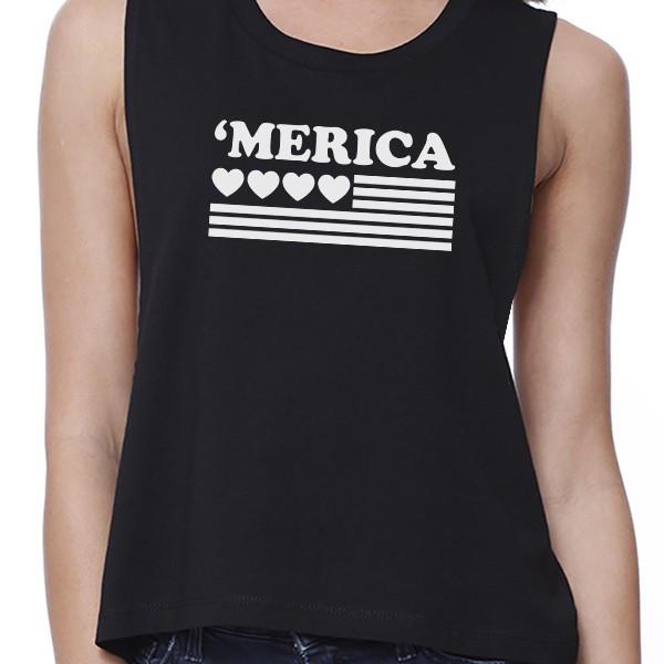 Heart 'Merica Flag Womens Black Cotton 4th of July Crop Shirt Idea