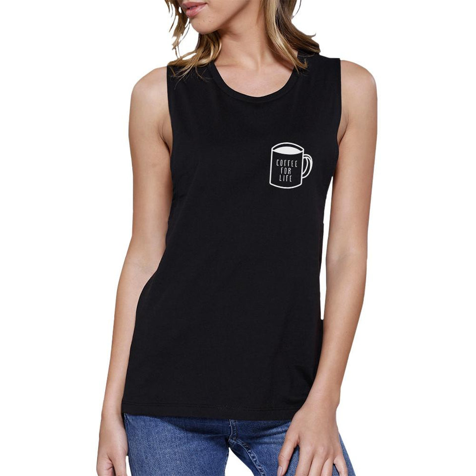Coffee for Life Womens Black Muscle Top Cute Graphic Coffee Lovers