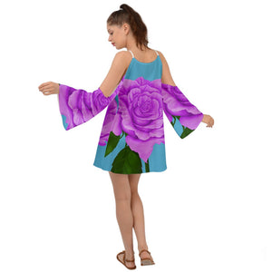 Purple Aqua Rose Kimono Sleeves Womens Boho Dress