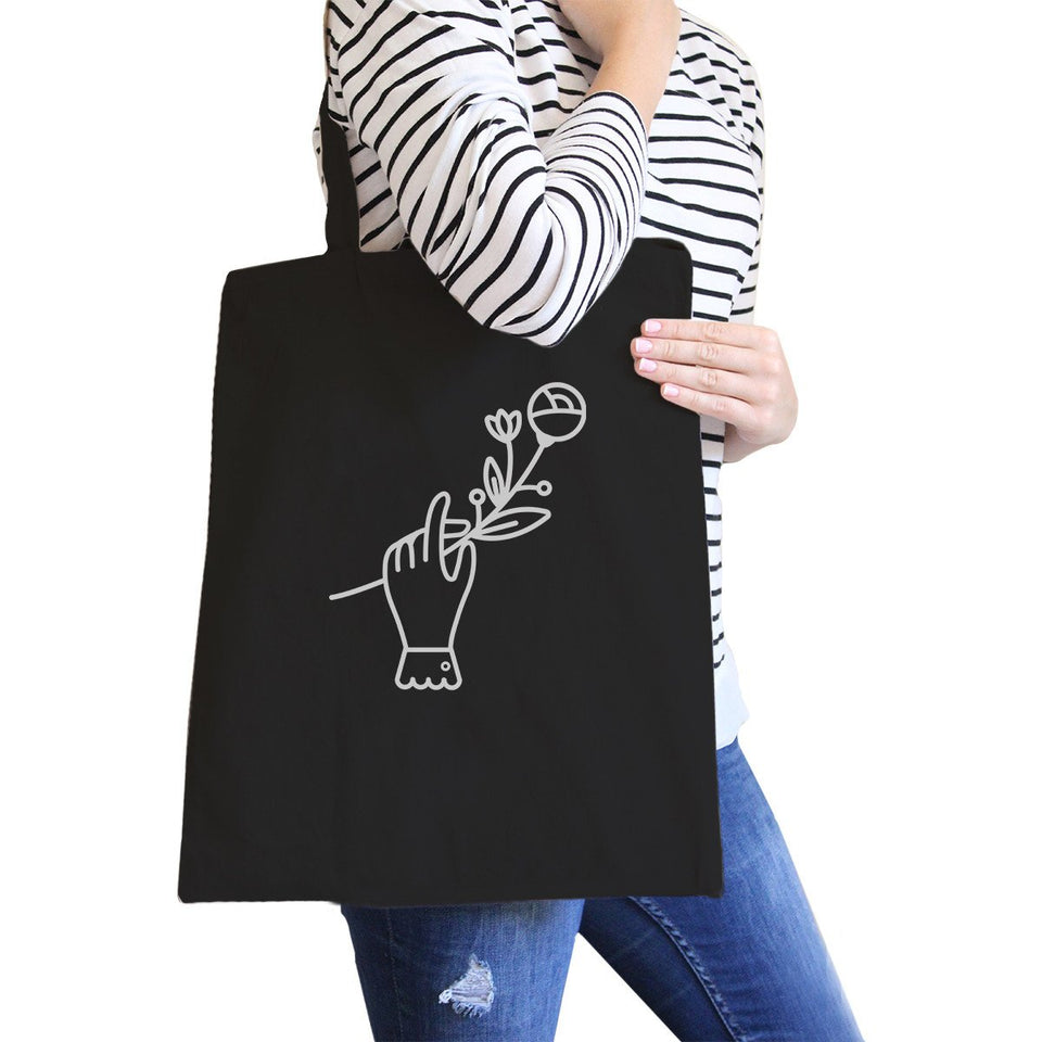 Hand Holding Flower Black Cotton Canvas Bag School Bag Craft Bag
