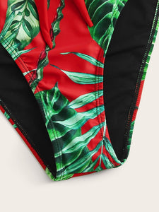 Tropical Print Plunging One Piece Swimsuit