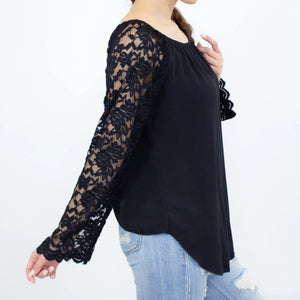 Lace Sleeve Backless Top - Black