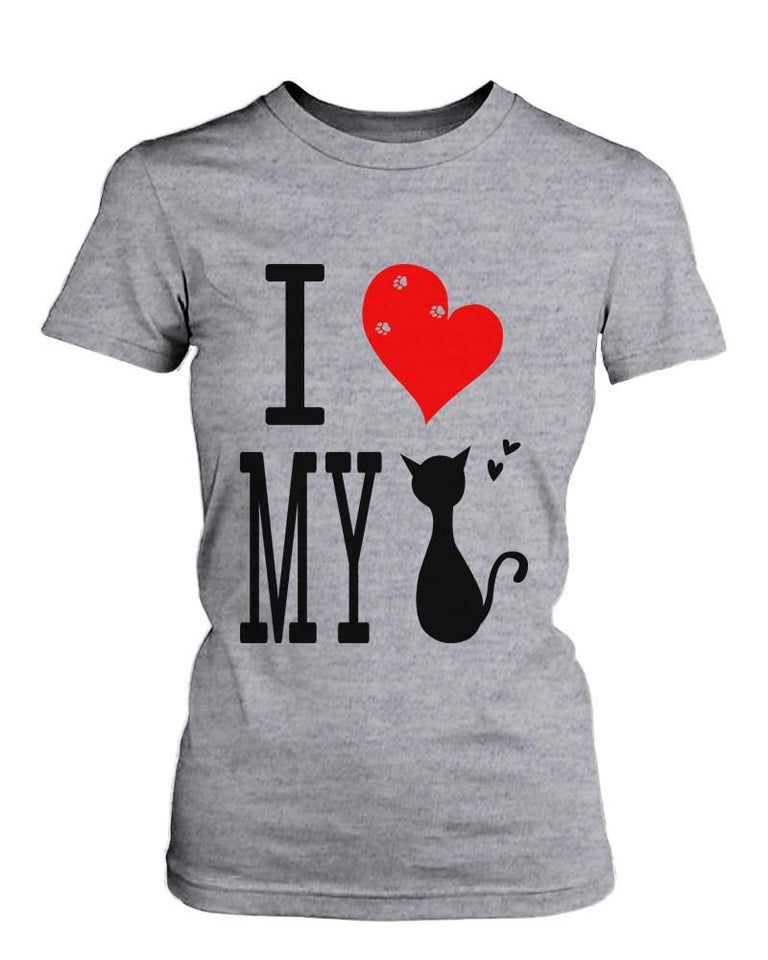 Funny Graphic Statement Womens Gray T-Shirt - I Love My Cat