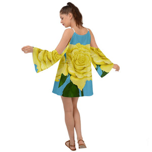 Yellow Aqua Rose Kimono Sleeves Womens Boho Dress