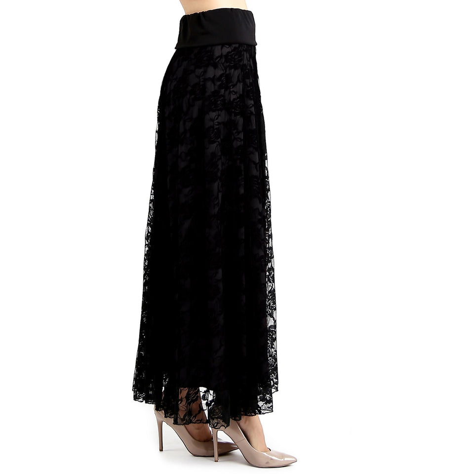 Evanese Women's Fold Over Wide Waist Band with Elastic Full Maxi Long Lace Skirt